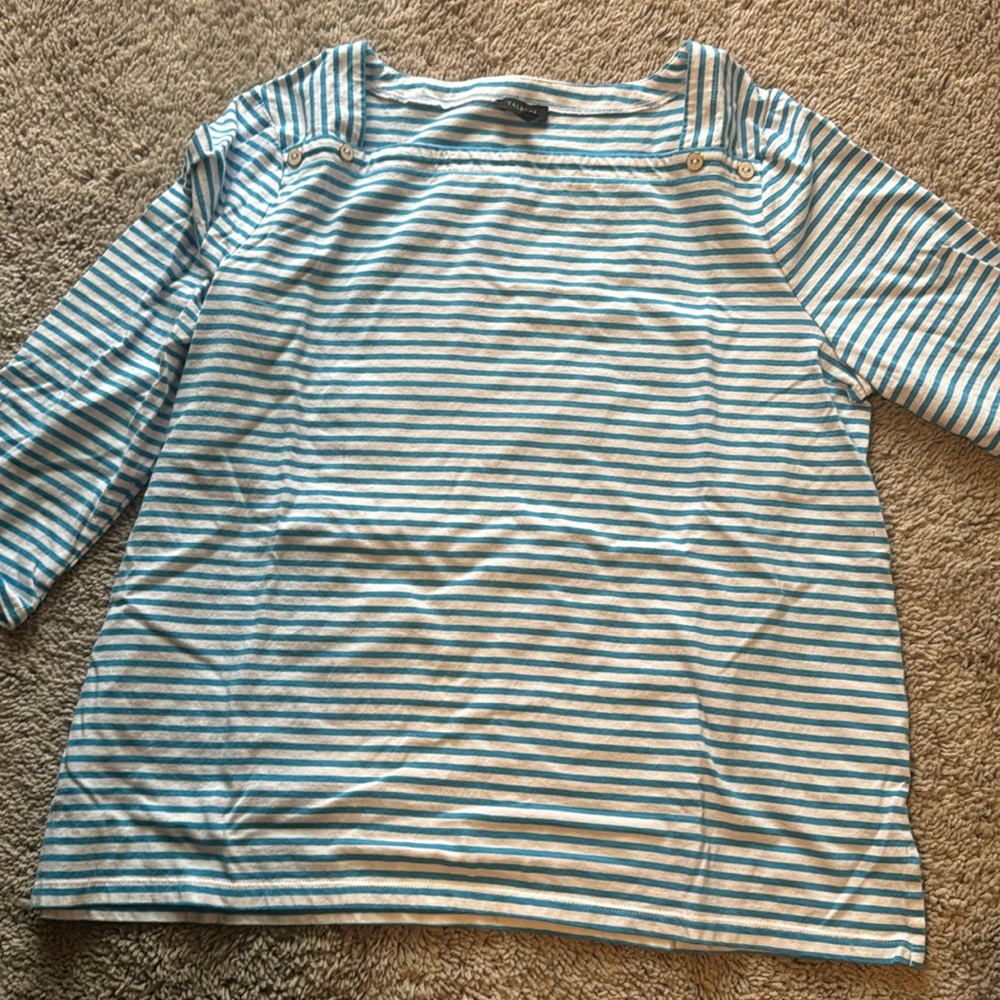 Blue and White Square Neck 3/4 Knit Top